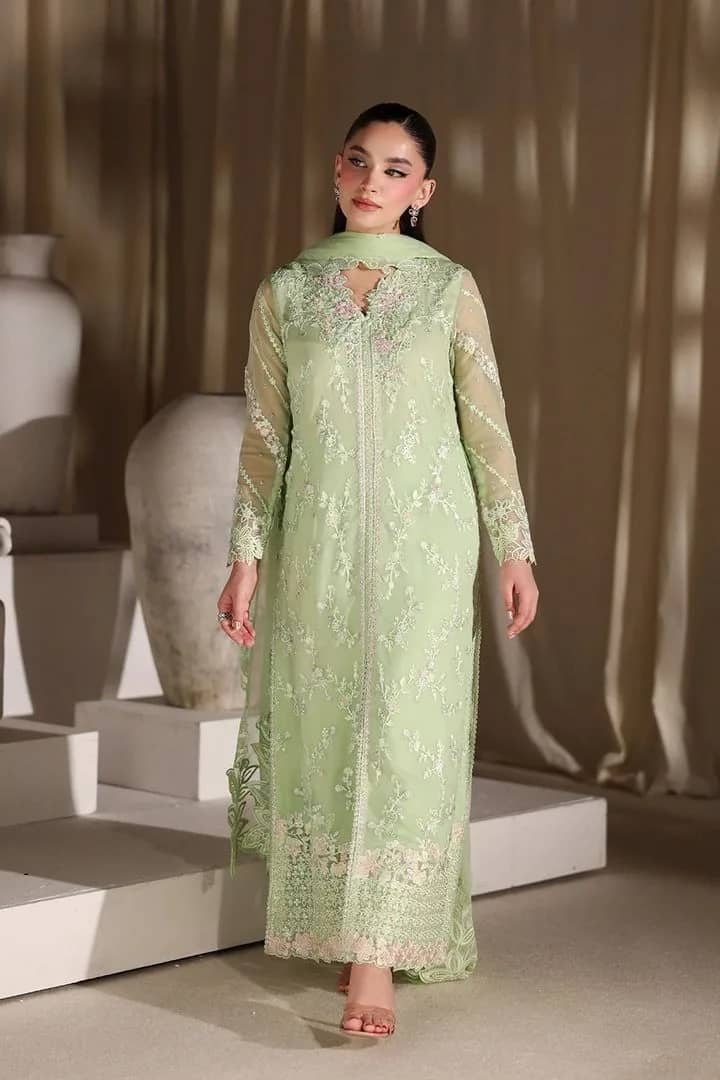 Azure Embroidered Chiffon 3 Piece Suit with Organza Dupatta | Ivoret | Ivoret