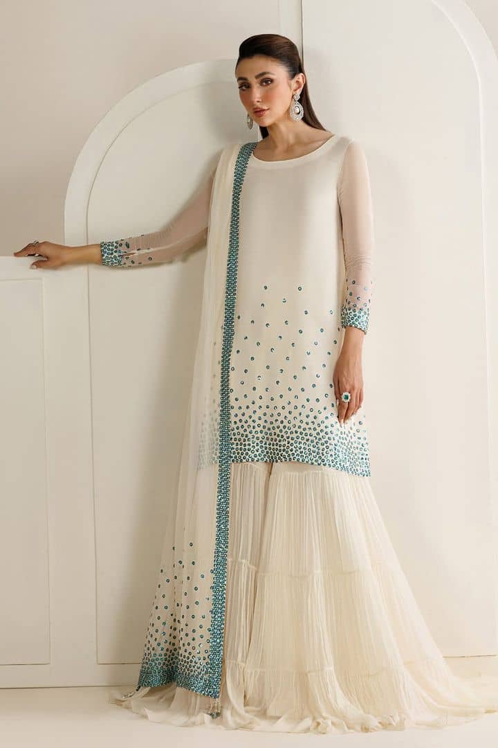 Jazmin chiffon unstitched replica suit with silk trouser | Ivoret - Section 1 | Ivoret